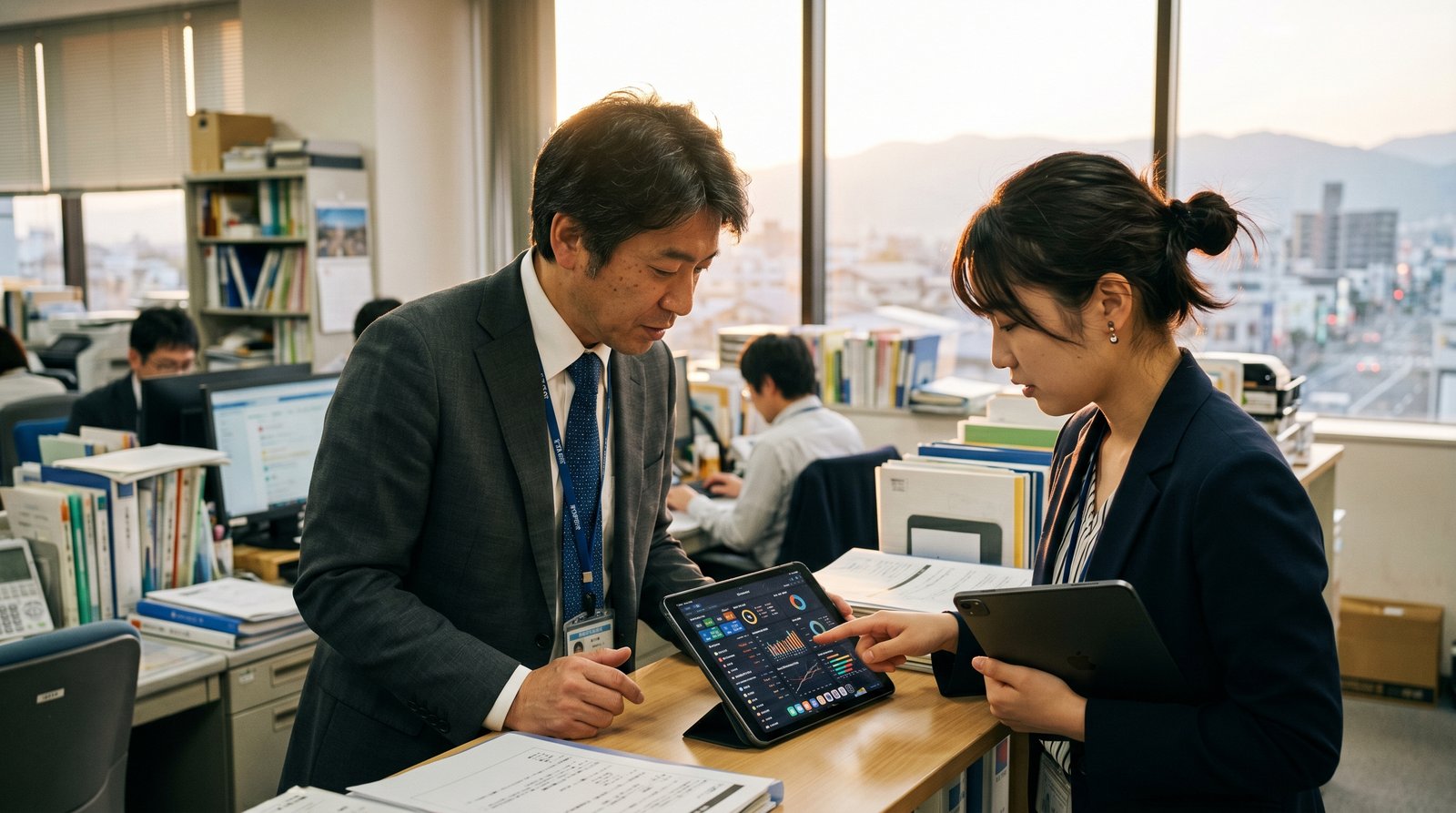自治体の窓口で外部デジタル人材と職員がタブレットのダッシュボードを見ながら共創する様子