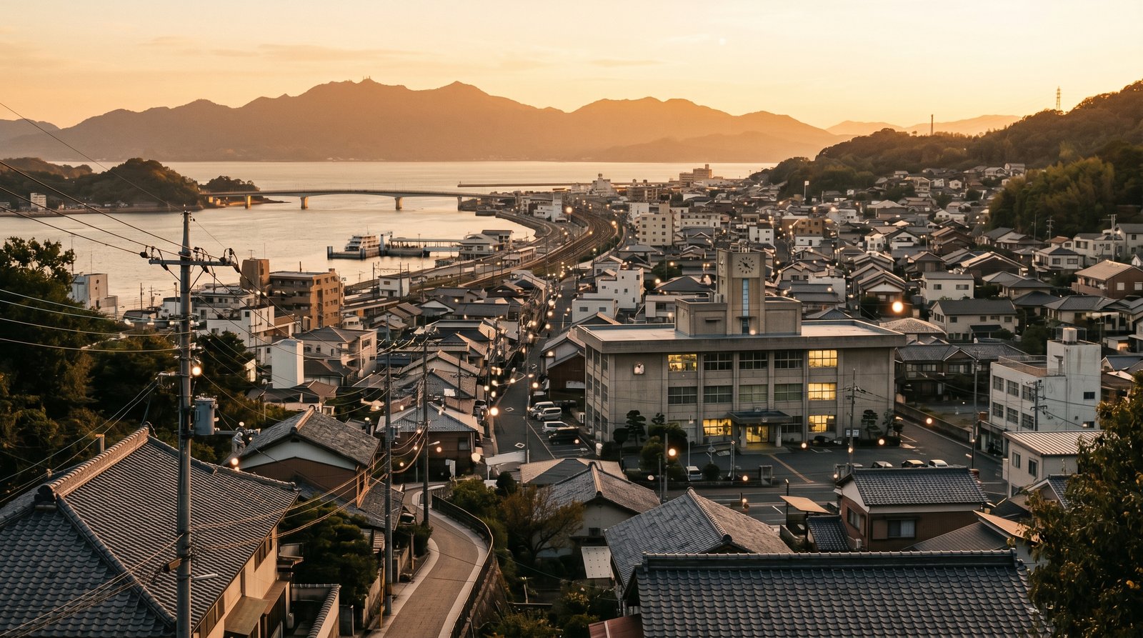 夕暮れの日本の地方都市と庁舎が広がる街並み
