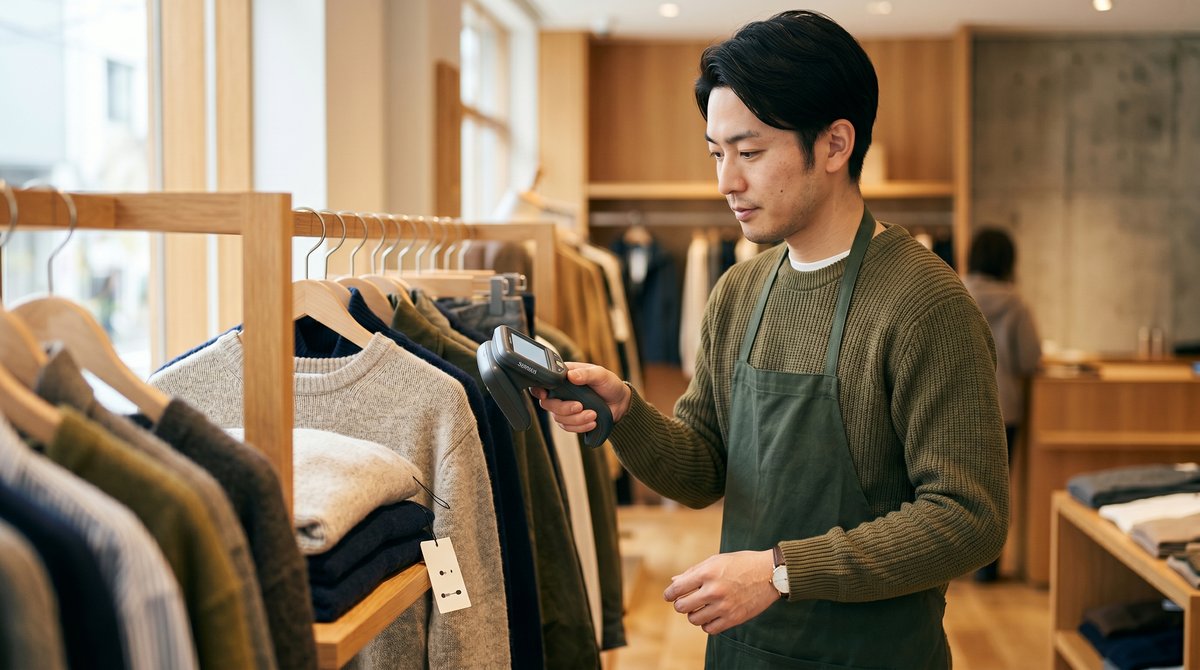 RFIDリーダーを使用してアパレル店舗で在庫を一括確認するスタッフの様子