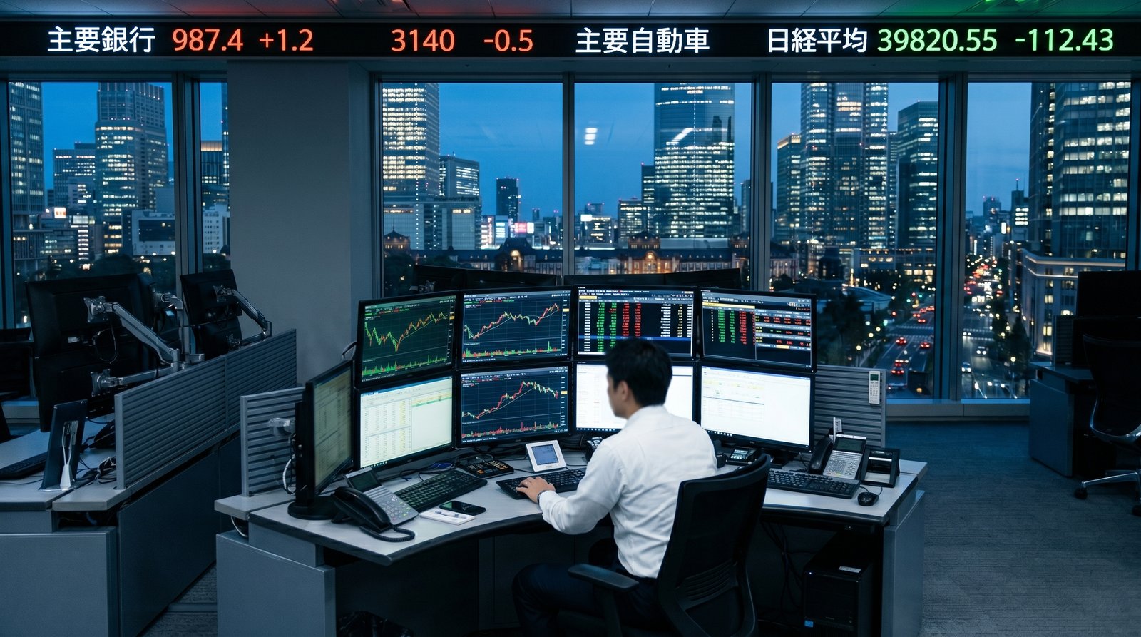取引量の急増を捌く証券会社のトレーディングフロアと大型モニター群