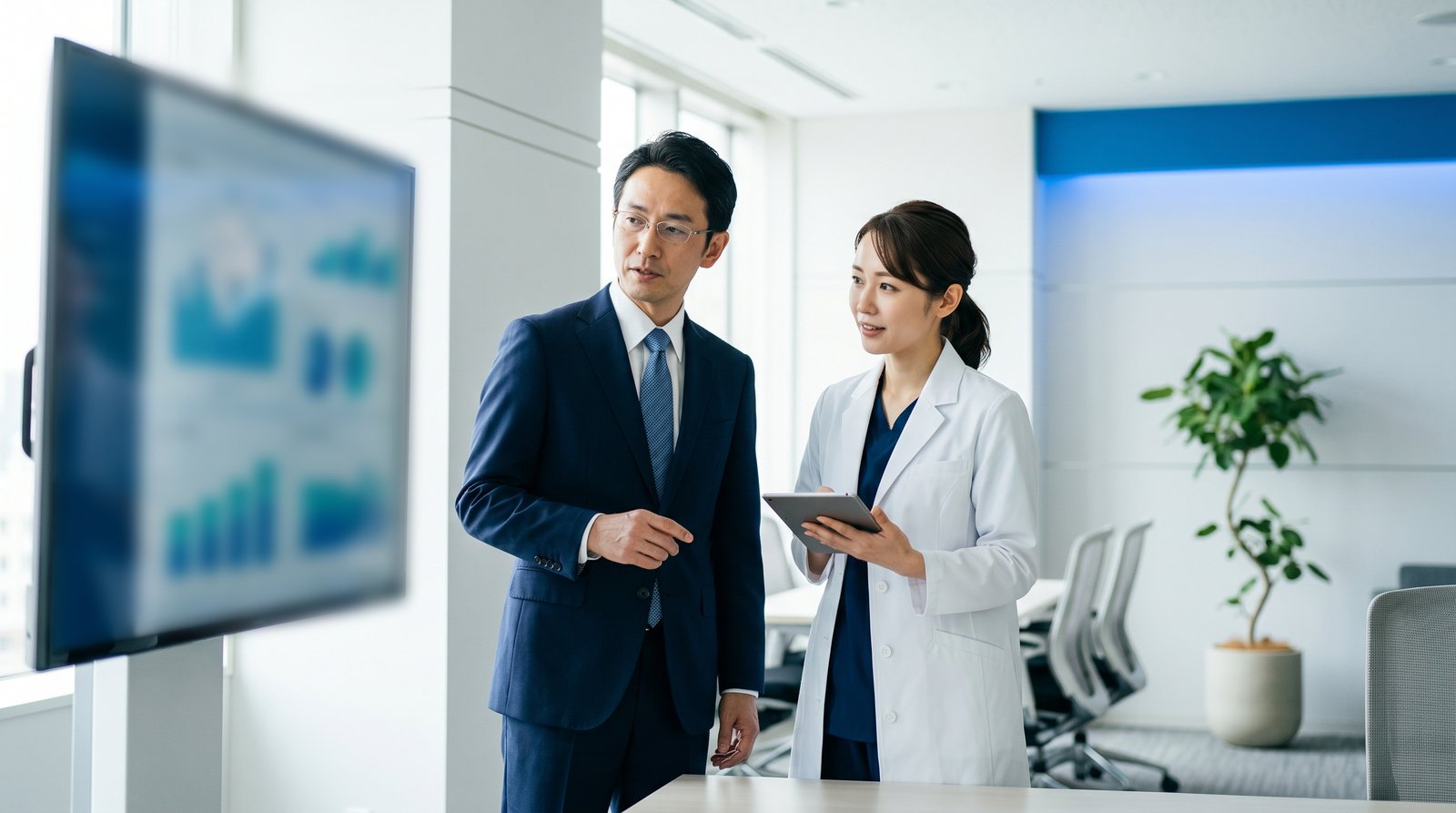 医療データを臨床と経営の双方で活用する現場のイメージ