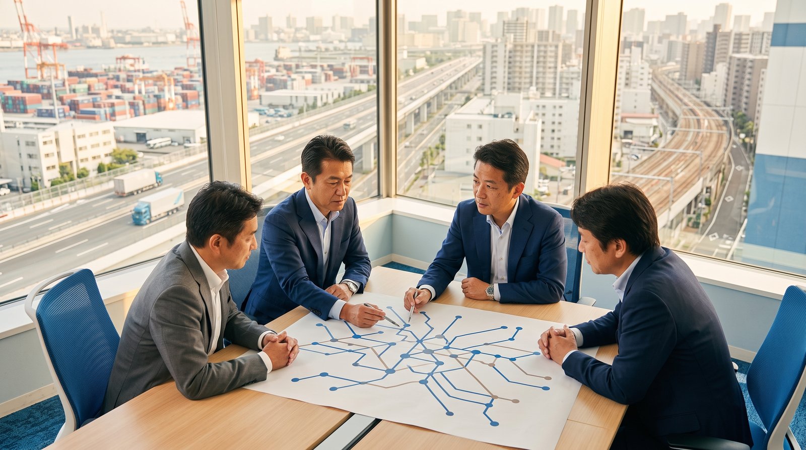 物流ネットワーク戦略を議論する経営会議のイメージ。窓の外には港湾・高速道路・鉄道が広がる