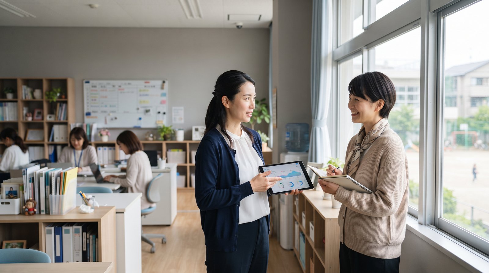 明るい職員室でタブレットを手に業務を確認する日本人女性スタッフ2名のイメージ