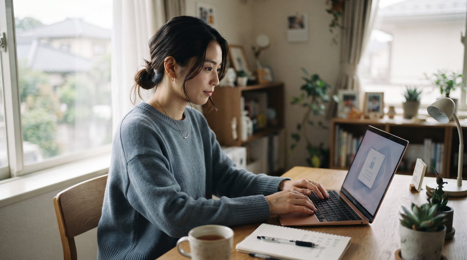 自宅でノートパソコンを使い業務を行う日本人女性のイメージ