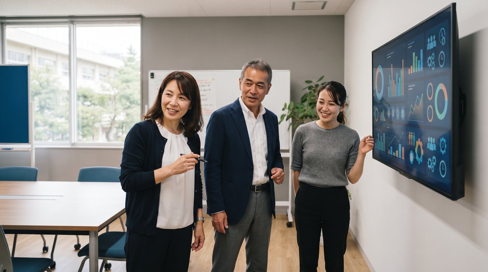 会議室でデータダッシュボードを見ながら議論する日本人スタッフ3名のイメージ