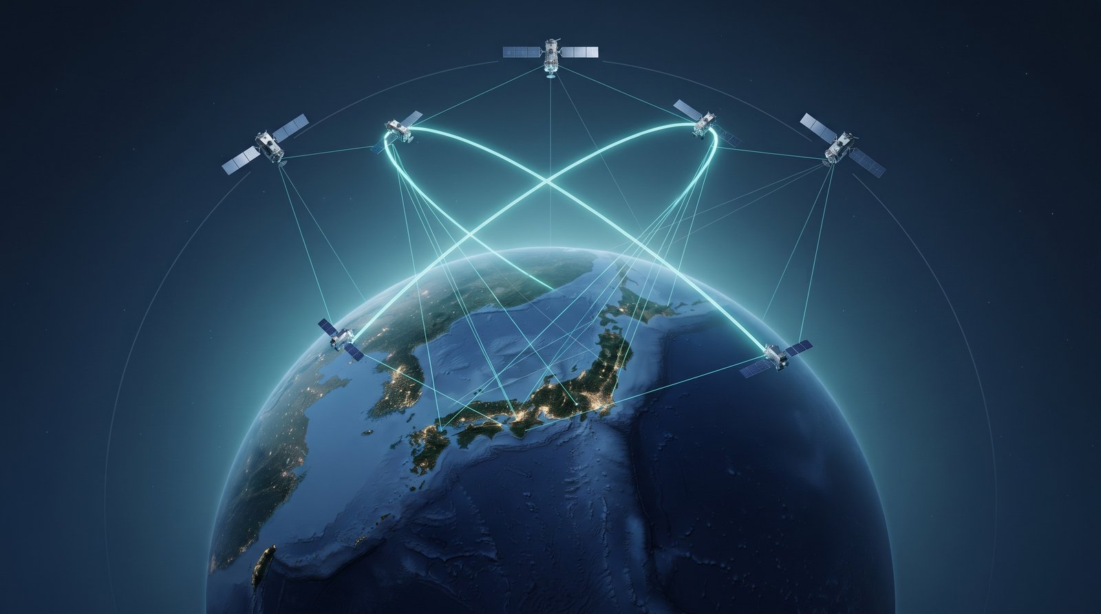 日本列島の上空に展開する準天頂衛星「みちびき」7機のネットワークをイメージした図