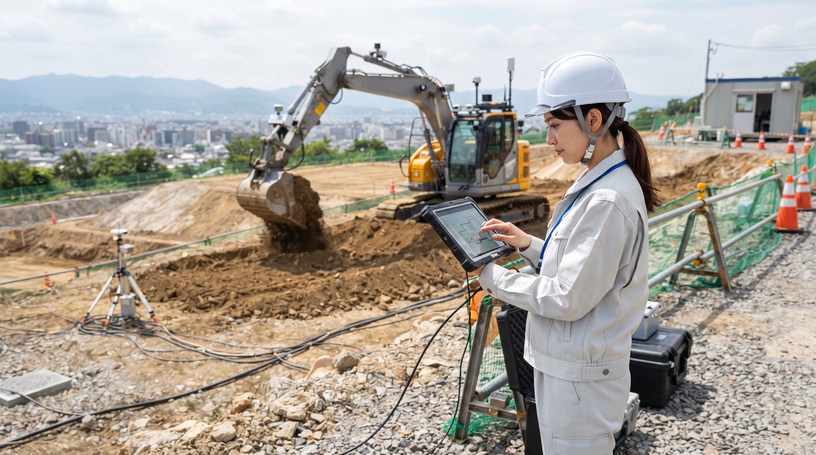 スマート建設現場で無人重機とGNSS測量アンテナを前に作業を確認する日本人女性エンジニアのイメージ