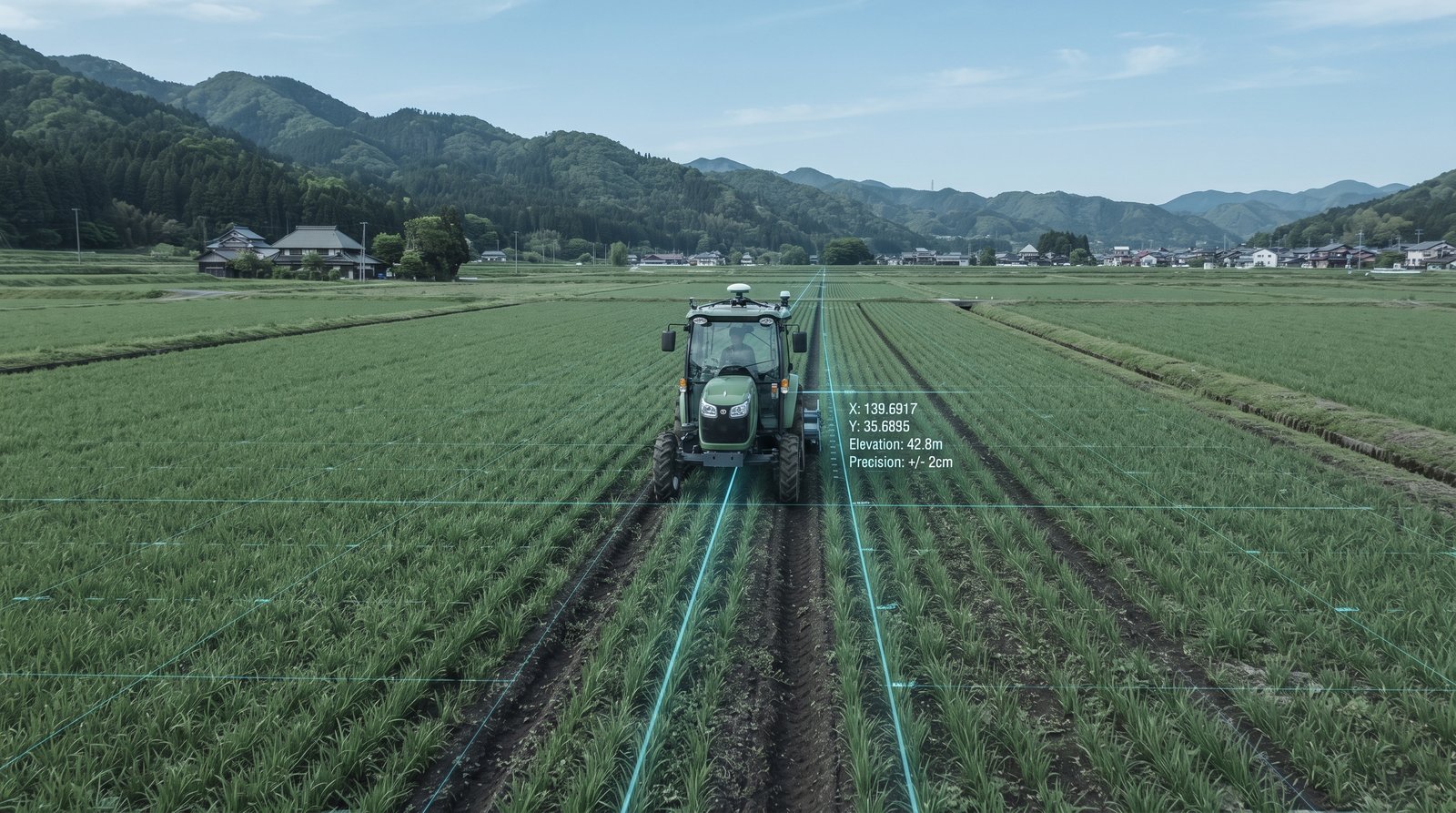 測位HUDに「Precision:+/-2cm」と表示された、無人運転で圃場を走行する自動農機のイメージ