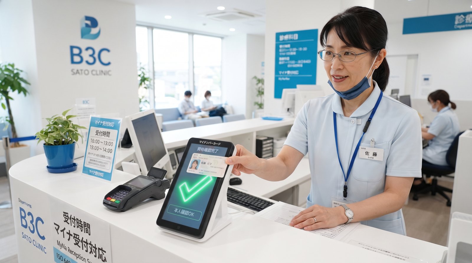 マイナンバーカードで資格確認を行う受付スタッフのイメージ