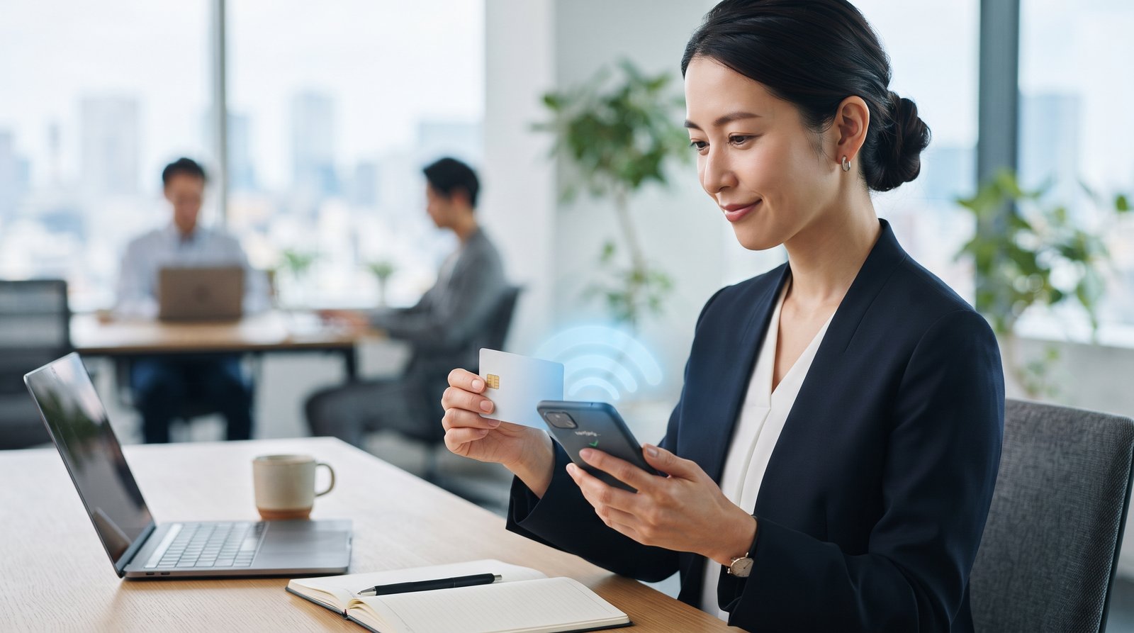 日本人ビジネスパーソンがICカードをスマートフォンにタッチして本人確認を行うイメージ