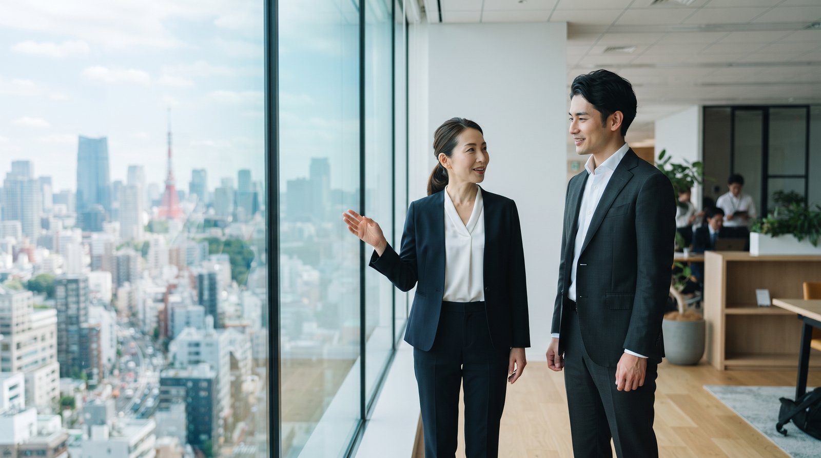 オフィスの窓際で東京の街並みを背景に対話する日本人ビジネスパーソン2名。透明で健全なIT商流と共存共栄を象徴するイメージ。