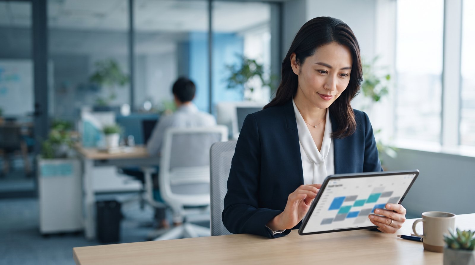 タブレットでシフトスケジュールを確認する日本人女性マネージャー。AIシフト管理による最適化のイメージ