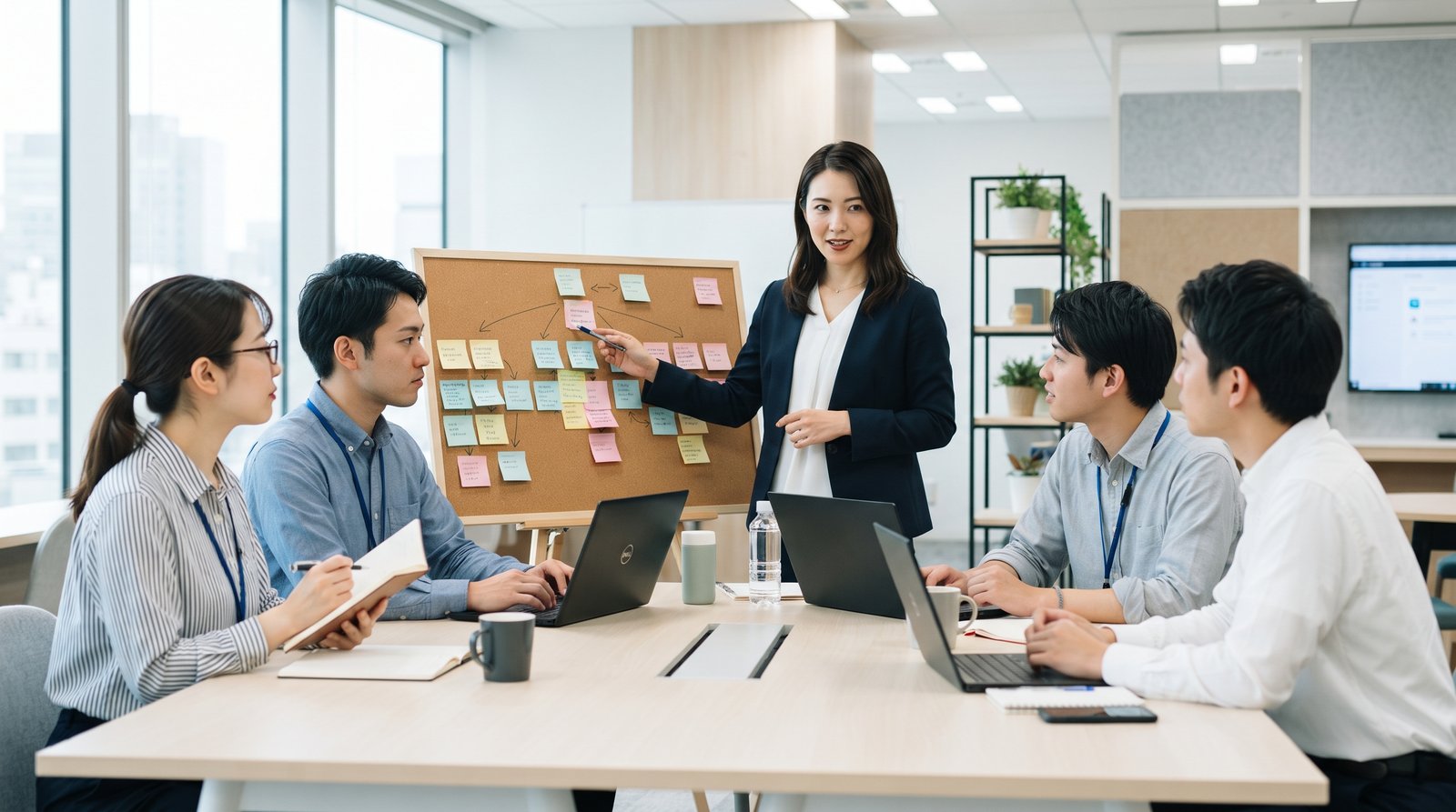 会議室でリーダーがボード上のタスク付箋を指し示し、チームメンバーと作業分解（WBS）を共有するイメージ。