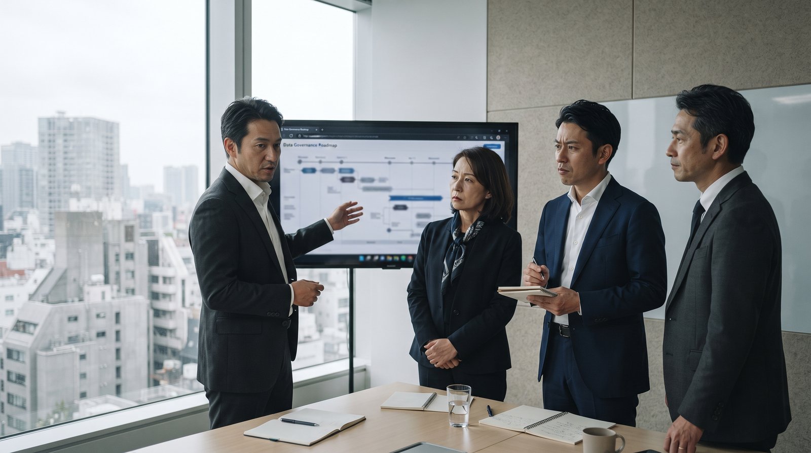 窓際の会議室で、モニターに表示されたデータガバナンスのロードマップを指し示しながら説明する日本人ビジネスパーソンと、それを聞く3名の同僚。改正個人情報保護法への実務対応を協議する場面。