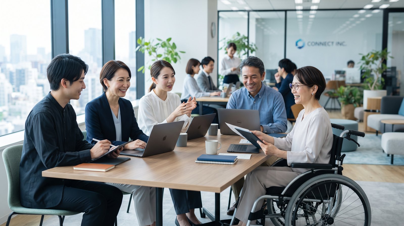 オープンオフィスで複数名の日本人会社員が共同作業をしている様子。車椅子使用者1名を含む多様なチームでの業務風景。