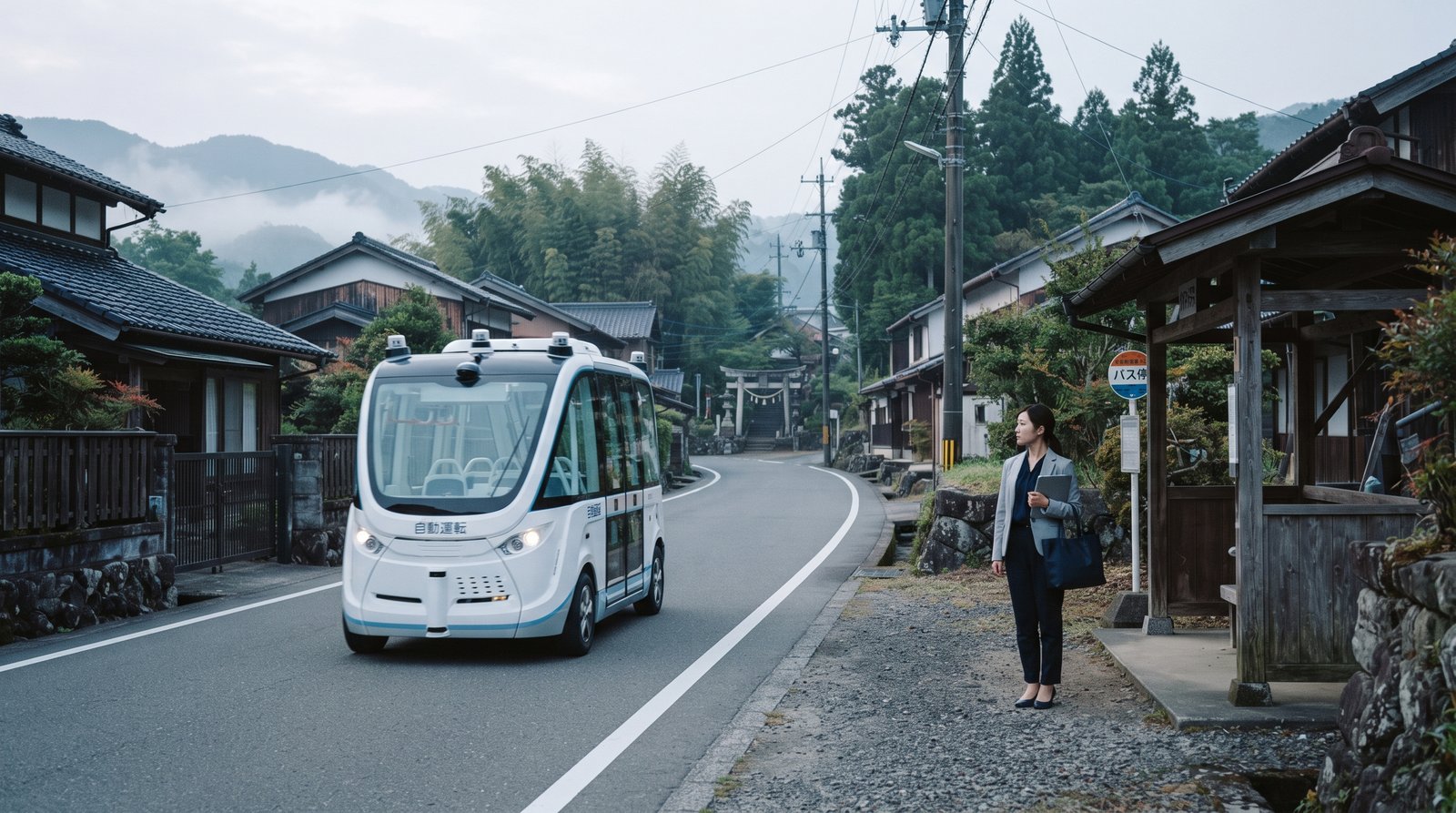 日本の和風集落を走行するレベル4自動運転シャトルバスと、バス停で待つ日本人女性。