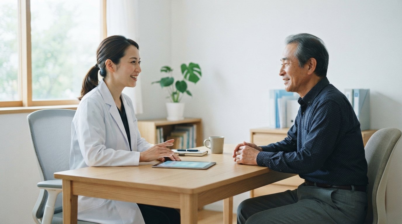 白衣の女性医師が机を挟んで高齢の男性患者と向き合い、タブレットを置いたまま笑顔で対話している診察室の様子。AIによるカルテ自動生成が医師をパソコンの前から解放し、患者の目を見て話す「対話」を取り戻すイメージ