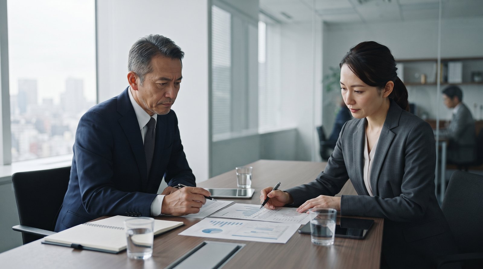 会議室のテーブルで資料とグラフを挟み、ペンを手に内容を突き合わせて確認する日本人ビジネスパーソン2名。課徴金要件の該当性を点検する実務の場面。