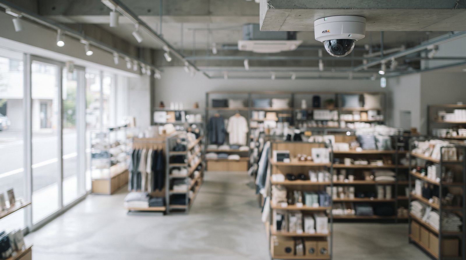 小売店舗の天井に設置されたドーム型の監視カメラと、その先に広がる衣料品・雑貨の売り場。顔識別機能付きカメラによる特定生体個人情報の取扱いを象徴するイメージ。