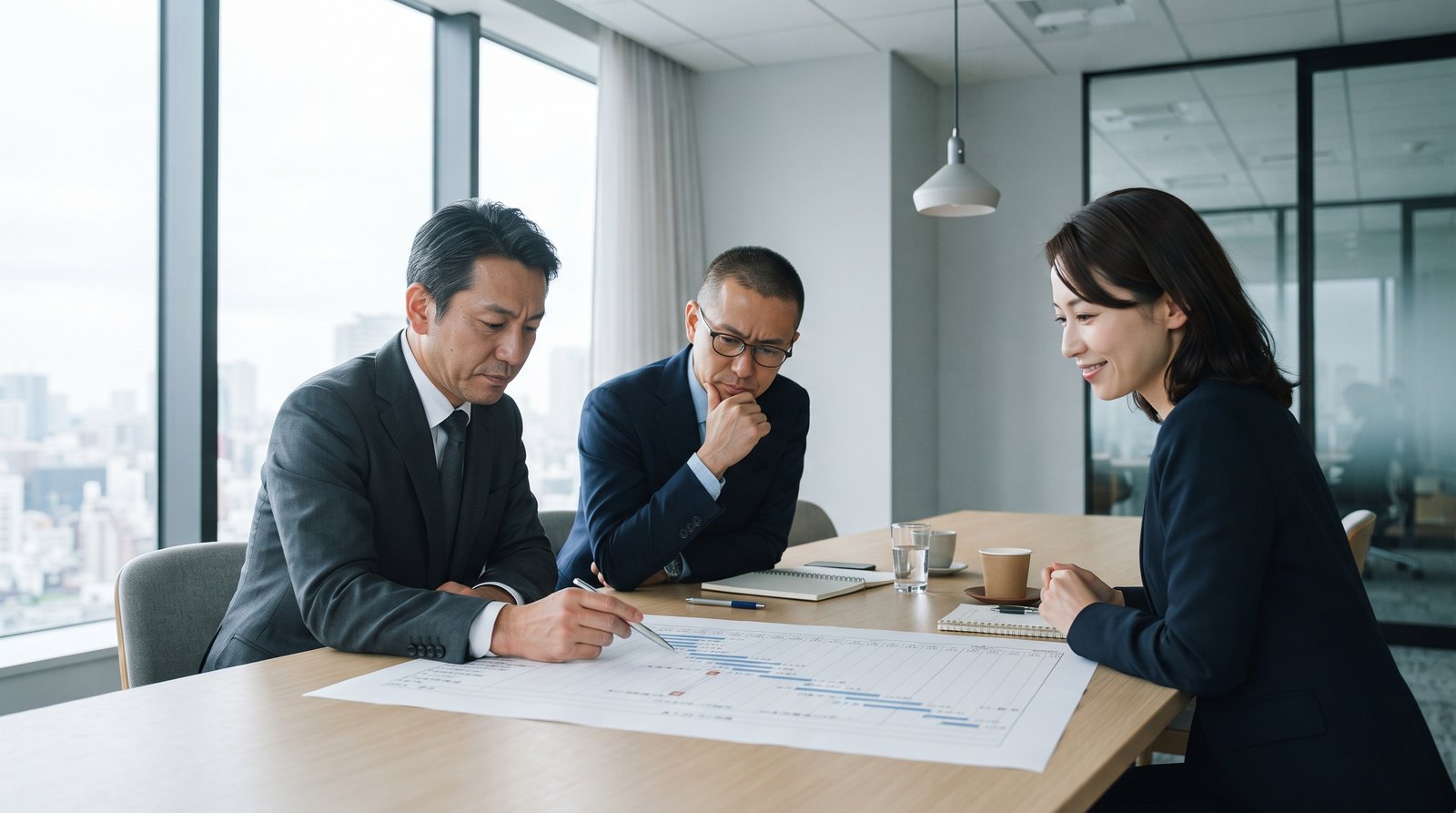 会議室のテーブルに広げた工程表を囲み、施行スケジュールを指し示しながら打ち合わせる日本人ビジネスパーソン3名。改正法の二段階施行に向けた実務アクションを計画する場面。