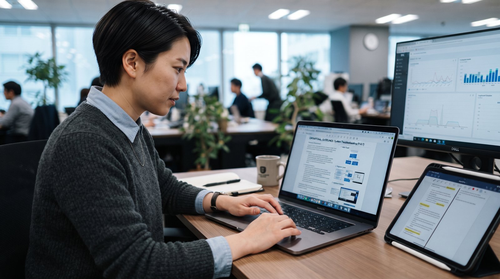 ノートパソコンでSOP（標準作業手順書）の画面を確認している日本人会社員の上半身クローズアップ。