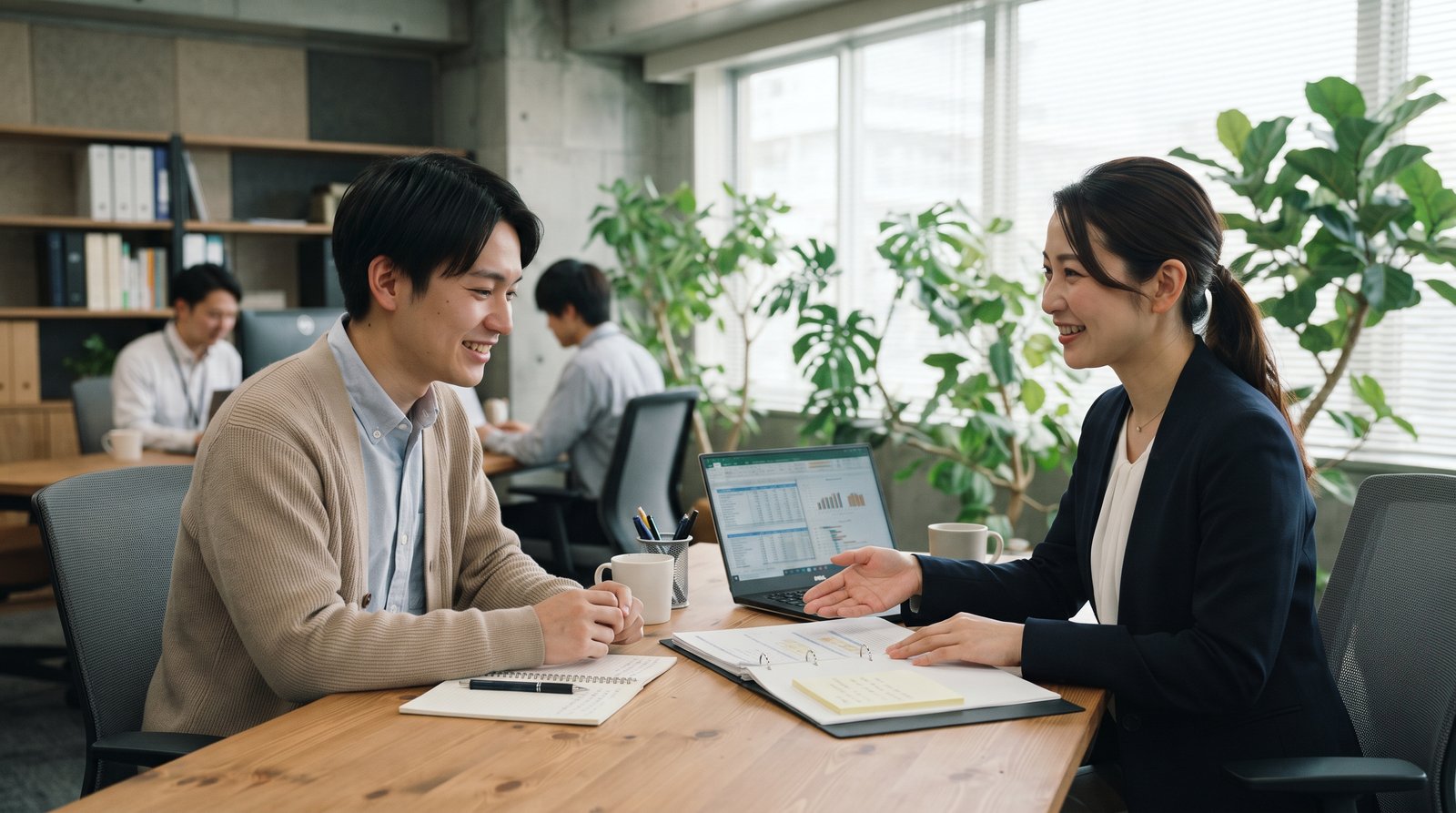 2名の日本人会社員がデスクを挟んで穏やかに業務確認をしている様子。