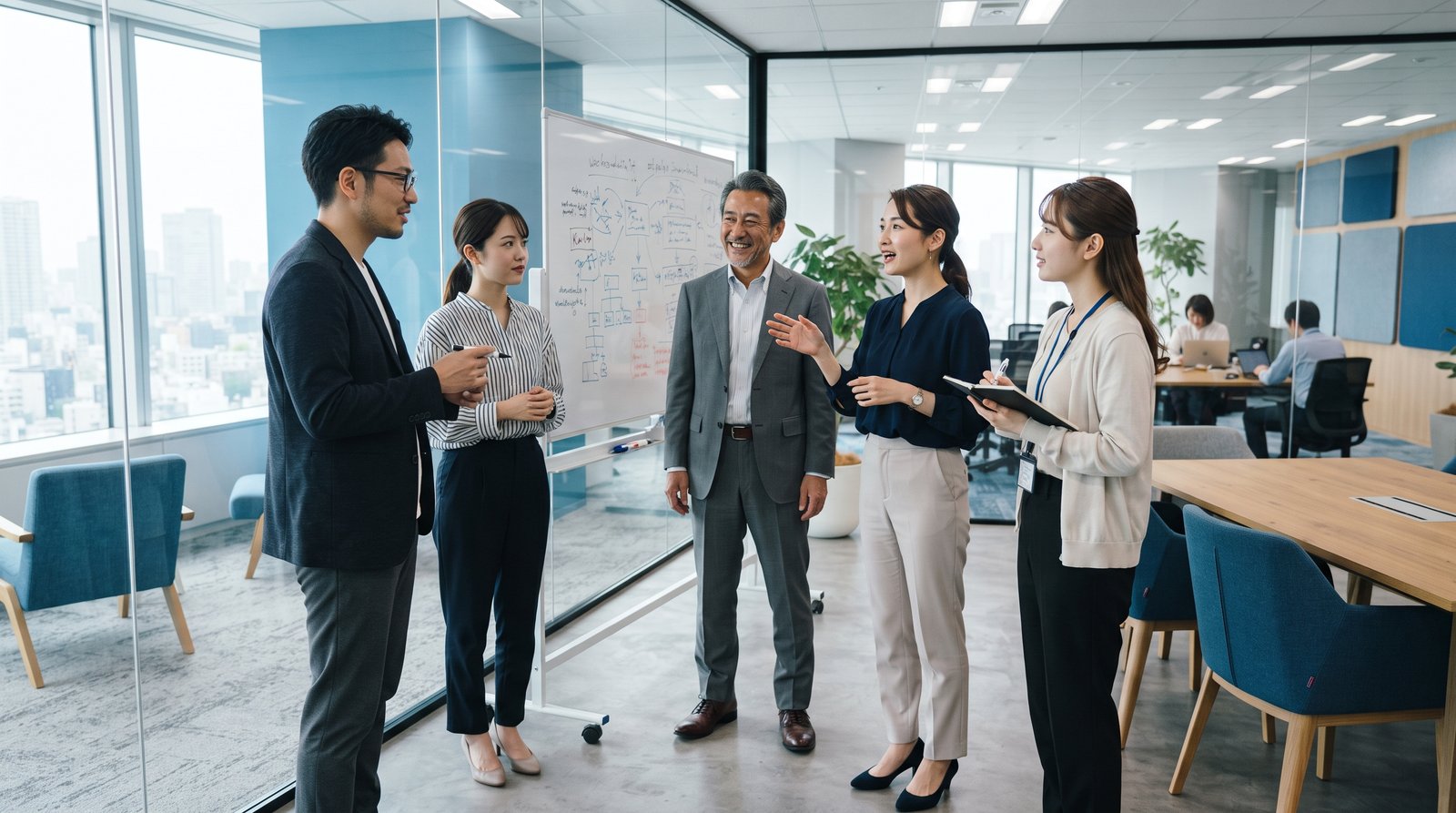 4〜5名の日本人会社員がホワイトボードを囲んで議論している様子。