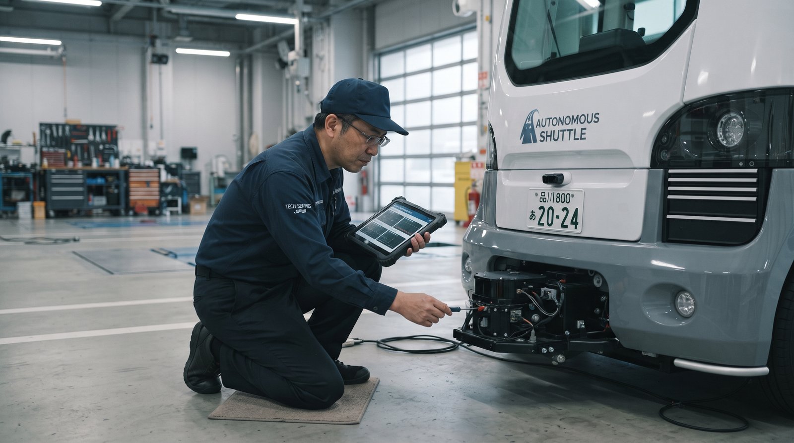 整備工場で自動運転シャトルバスの車体下部をタブレット片手に点検する日本人技術者。