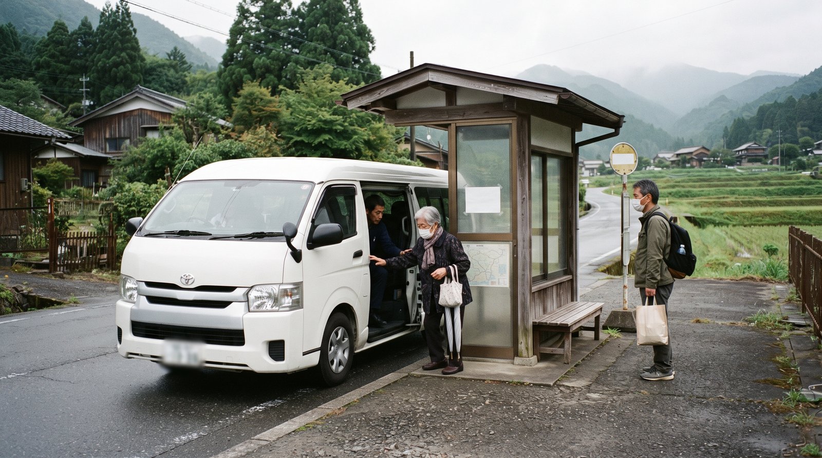 山間の集落のバス停で、普通車両（ハイエース）に乗り込む高齢女性を運転手が介助する様子。バス停脇にはマスク姿の男性が待っている。