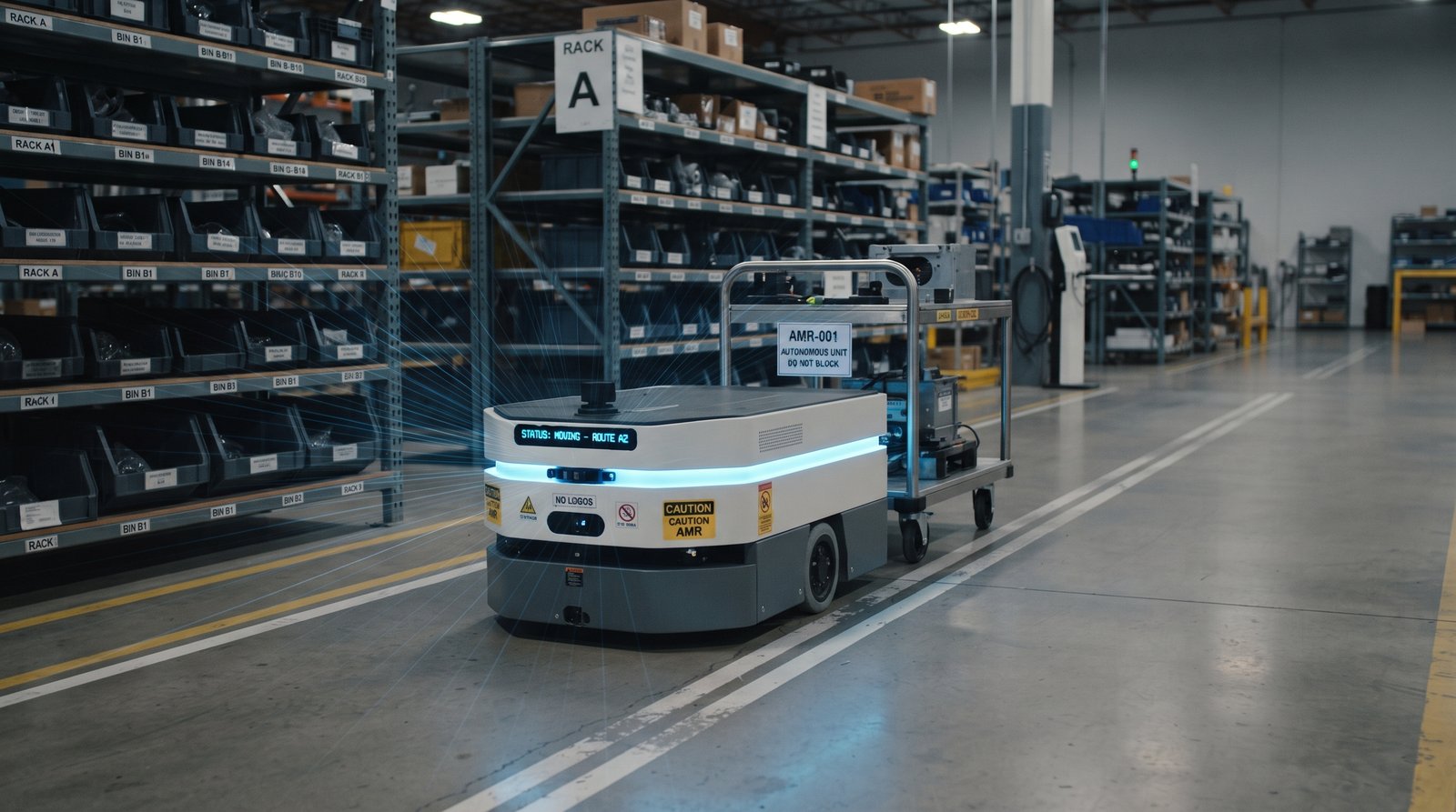 工場フロアを自律走行し、部品搬送カートを牽引する協働ロボット（AMR）。