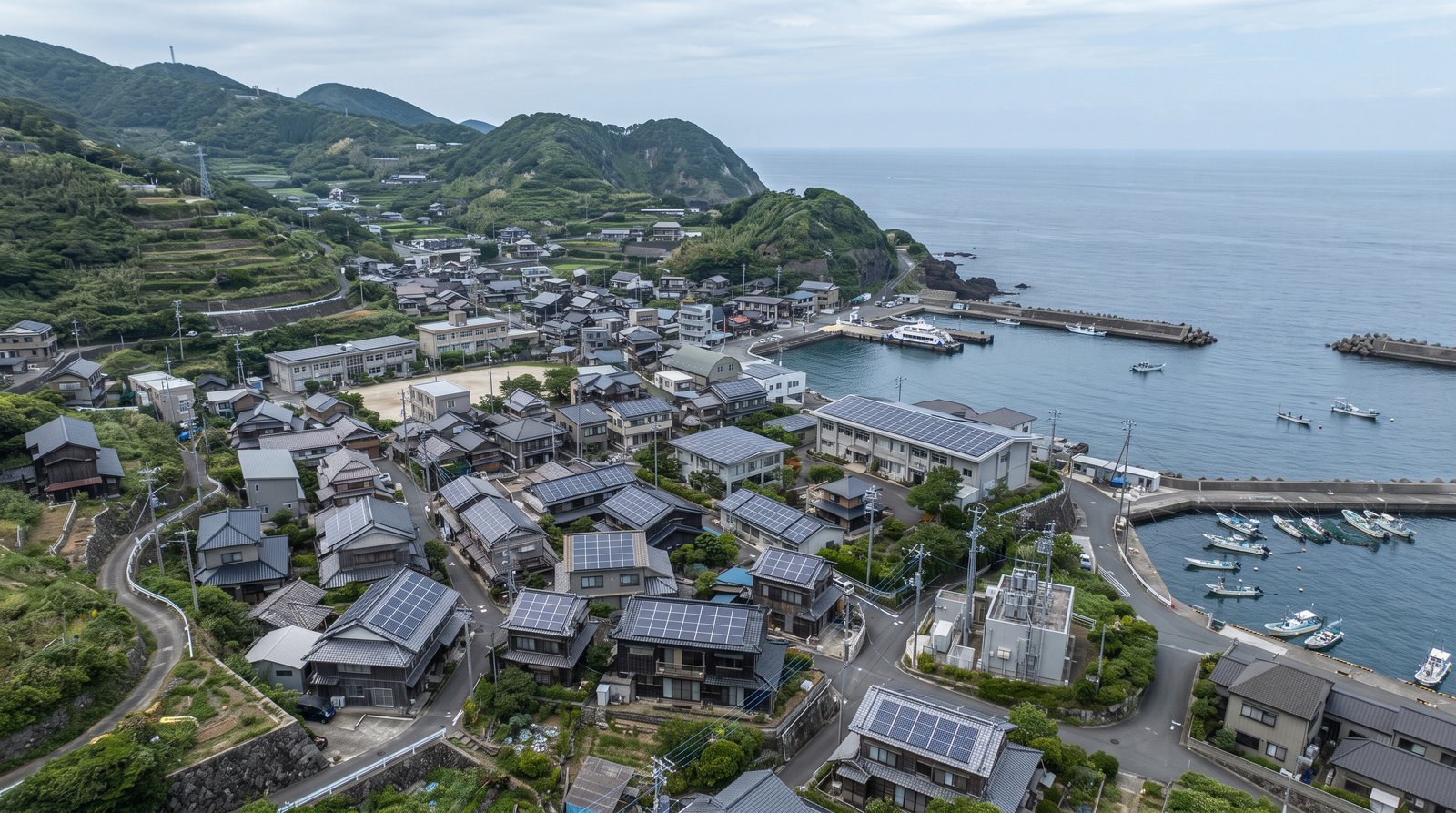 離島の集落に整備された太陽光パネル群を上空から俯瞰した様子。