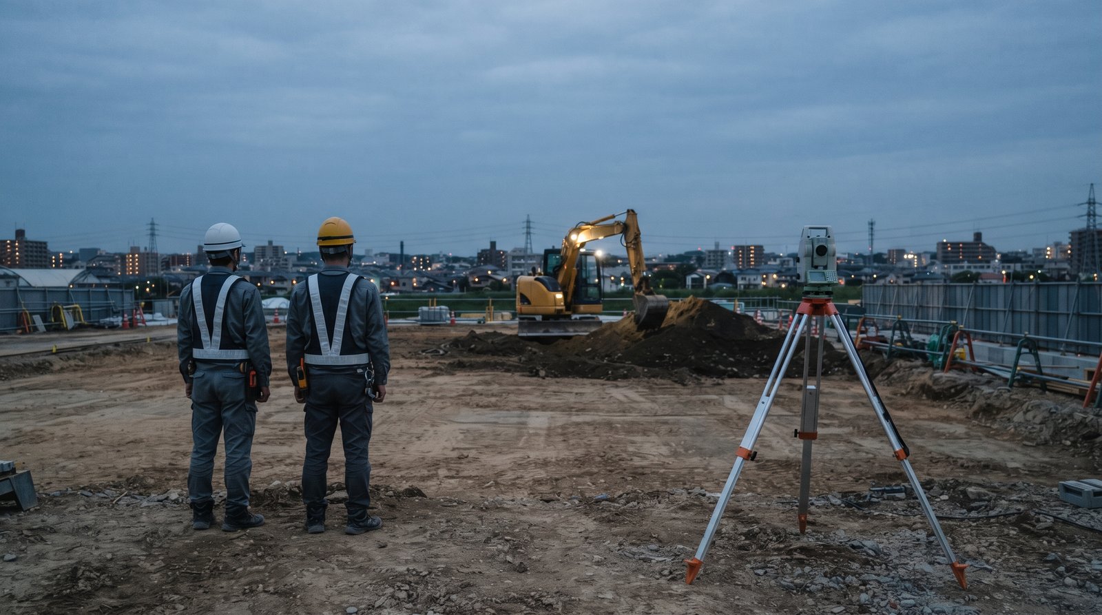 薄暮の造成現場。ヘルメットをかぶった作業員2名が後ろ姿で立ち、奥では油圧ショベルが稼働している。手前には三脚に据えた測量機が見える。