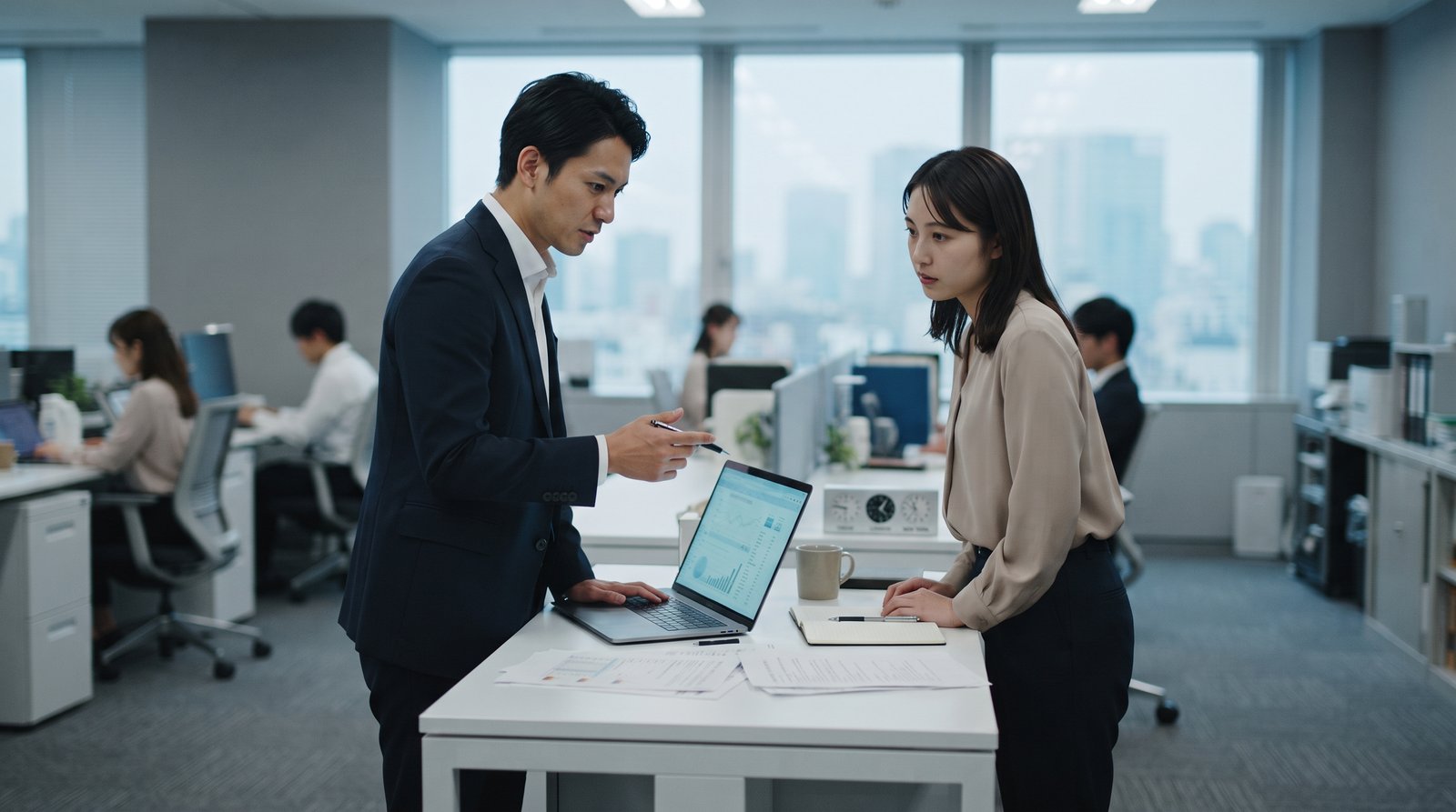 オフィスでノートPCの分析画面を確認しながらAI規制の域外適用リスクを検討する日本人のビジネスパーソン