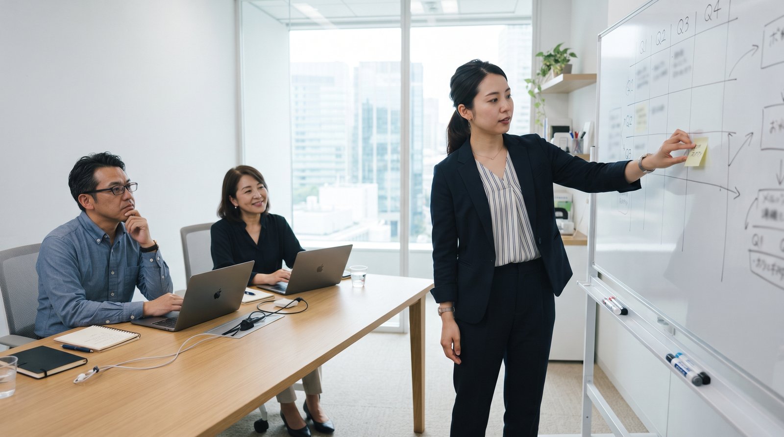 ホワイトボードの四半期計画を指し示しながらAI Act対応のロードマップを説明する日本人の女性コンサルタント