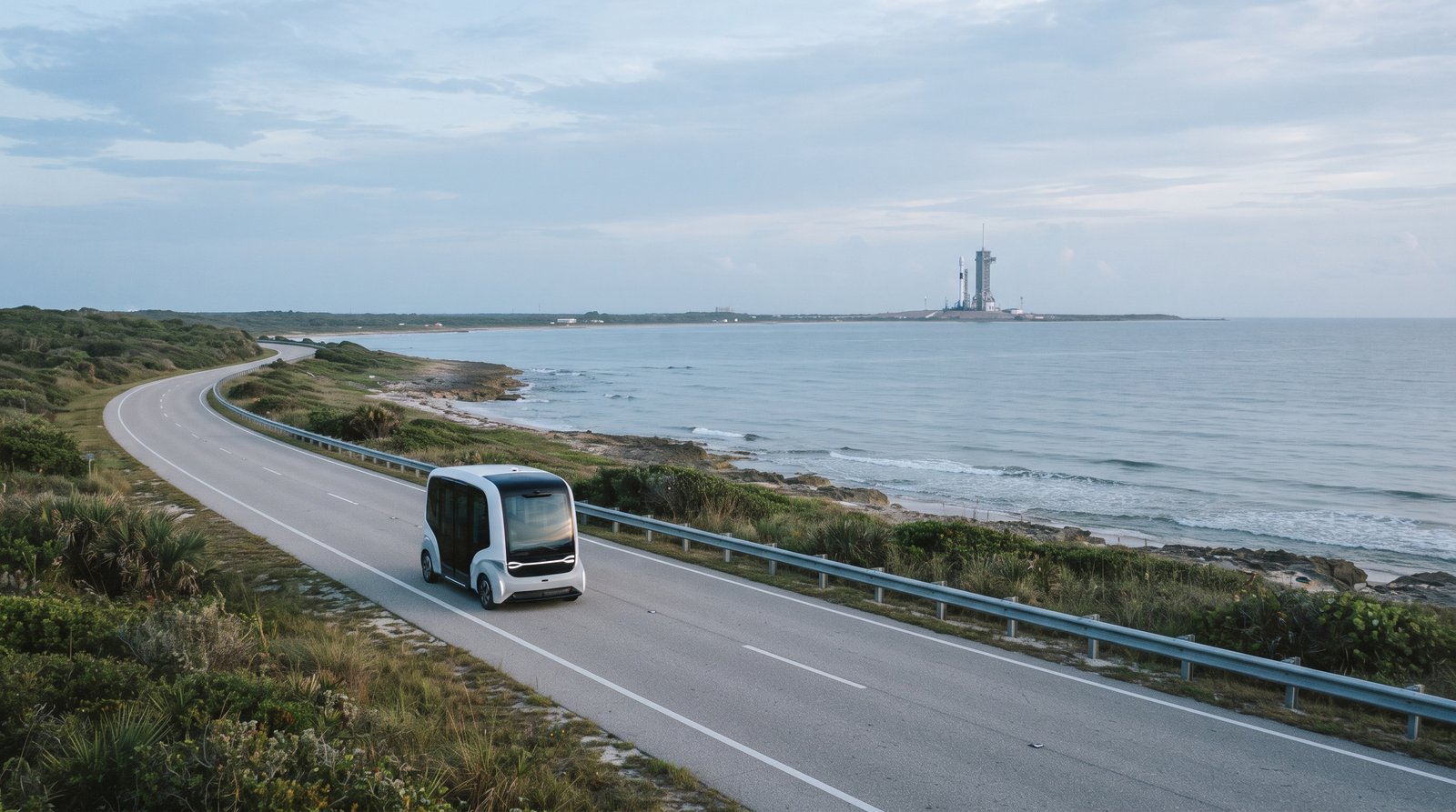 海沿いを走行する電動の自動運転シャトル。ロケット打上げを望むスペースポートとシームレスに接続するモビリティのイメージ