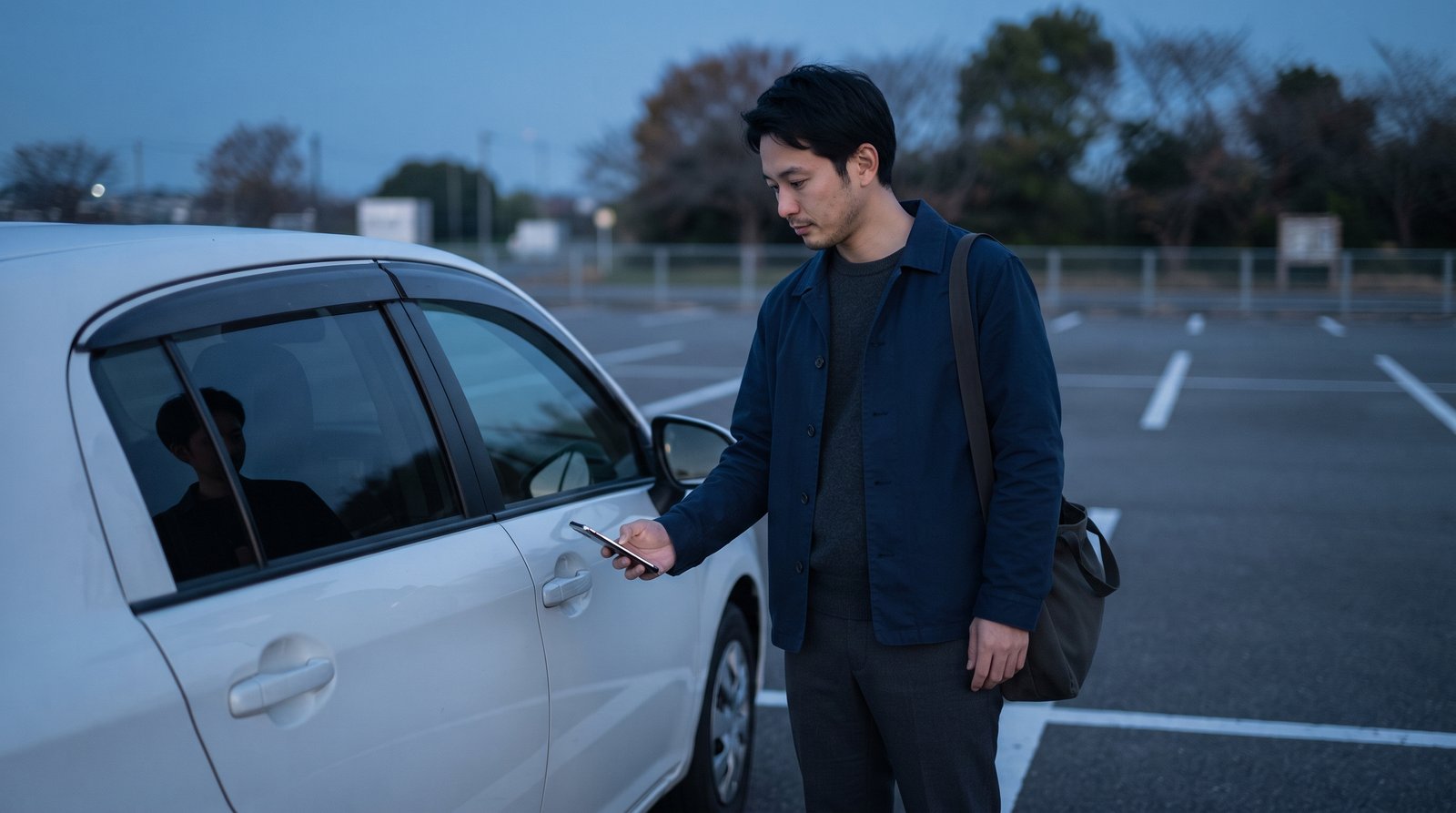 スマートフォンを使ってレンタカーを解錠する男性。対面手続きを必要としない24時間対応の無人貸渡システムのイメージ
