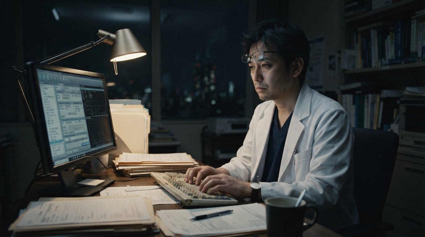 夜の診察室でデスクライトの下、白衣の医師がモニターに向かいキーボードでカルテを入力している様子。閉院後の「まとめ打ち」による深夜残業のイメージ