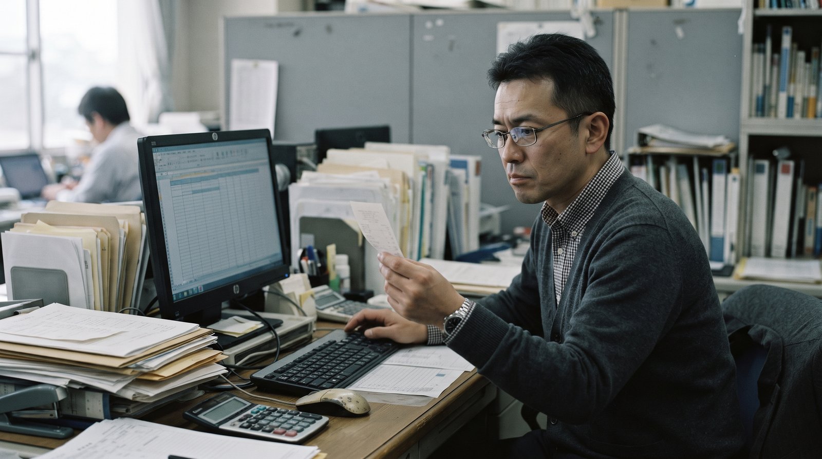 経理担当者が机上で紙の領収書とPC画面のデータを見比べながら照合作業をしている様子。手入力による二重確認の負担を象徴するイメージ