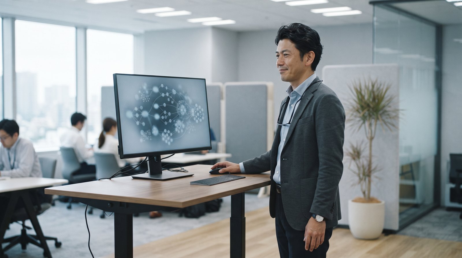 オフィスモニターでデータ連携フロー図を確認し満足げな表情を浮かべる男性。シームレスデータ連携による業務改善の実現イメージ