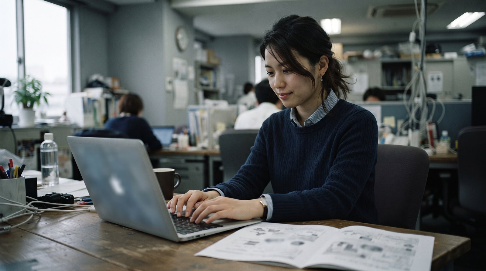 執務室のデスクでノートPCに入力する会社員