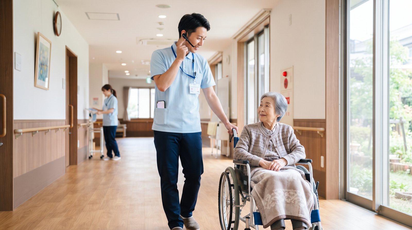 インカムを装着した職員が、車いすに座る高齢の利用者に笑顔で声をかけている施設の廊下