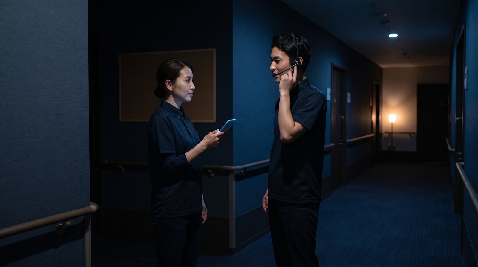 薄暗い廊下で、インカムを装着した職員と、スマートフォンを手にした職員が向かい合って話している